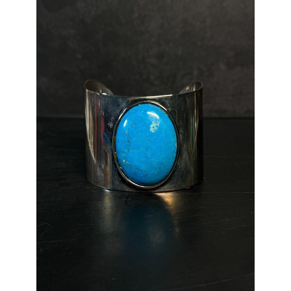 1980s Silvertone Wide Cuff Large Blue Stone 1.86"